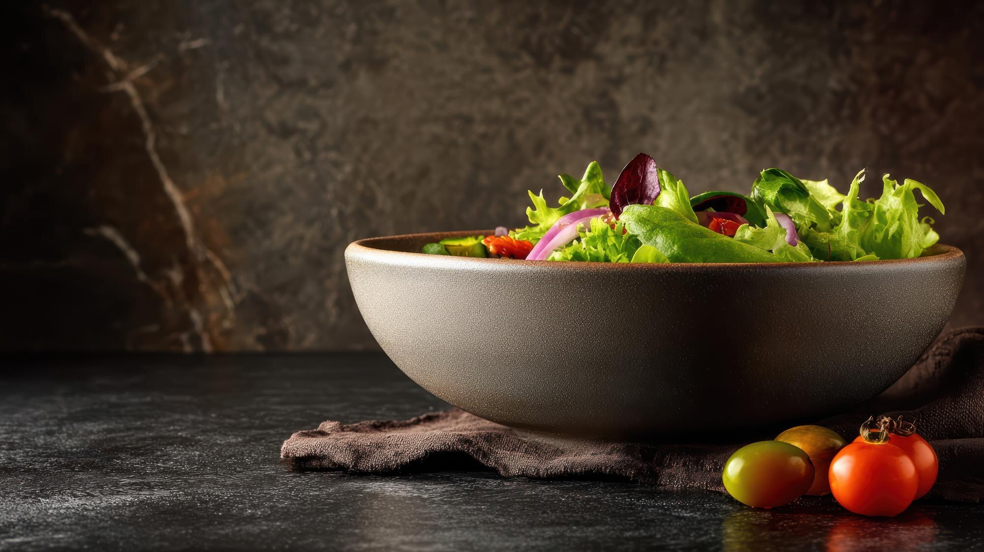 Tazón colorido con verduras frescas y vegetales de tonos brillantes sobre una mesa de madera